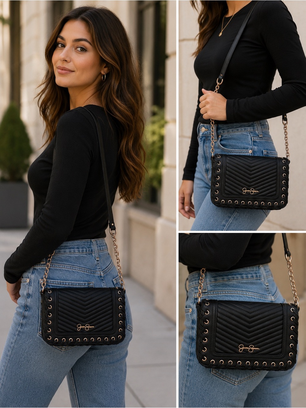 Jessica Simpson Black Quilted Chevron Crossbody with Gold Accents NWT